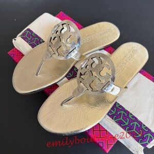 NIB Tory Burch Miller Size 9 Spark Gold Metallic Wrinkled Leather Sandals 90590
